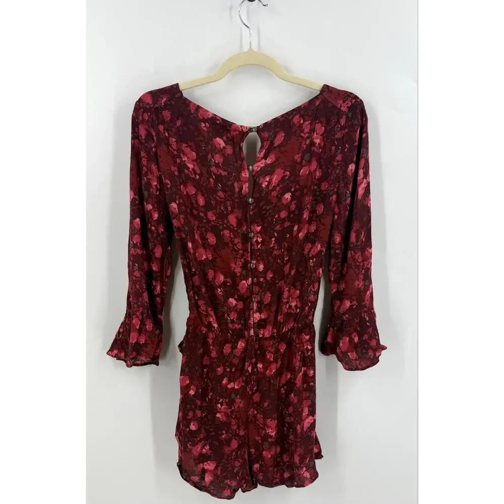 Free People Raven Combo Floral Wrap Romper Size Small Crimson Red Bell Sleeve